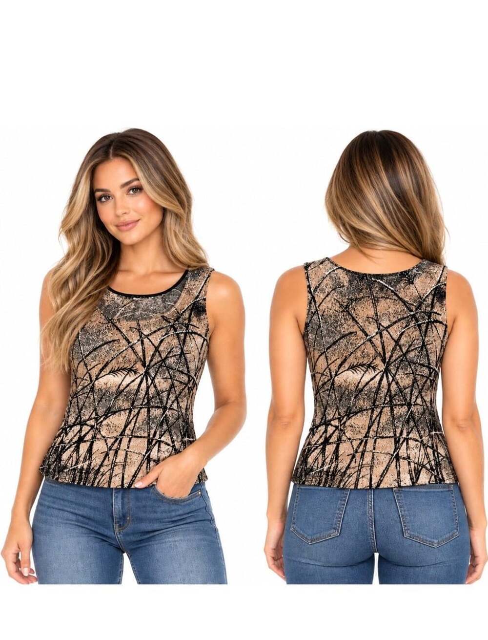 St. John Women’s Size M Sleeveless Knit Top Beige Black Abstract Print